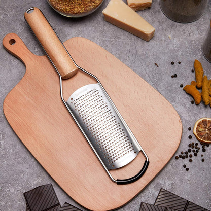 Stainless Steel Cheese Grater w/Wood Handle for Parmesan Cheese | Cheese Grater Zester for Lemon, Ginger, Cheese, Potato, Natural Wood Handle with Non-Slip Rubber Foot, 304 Stainless Steel