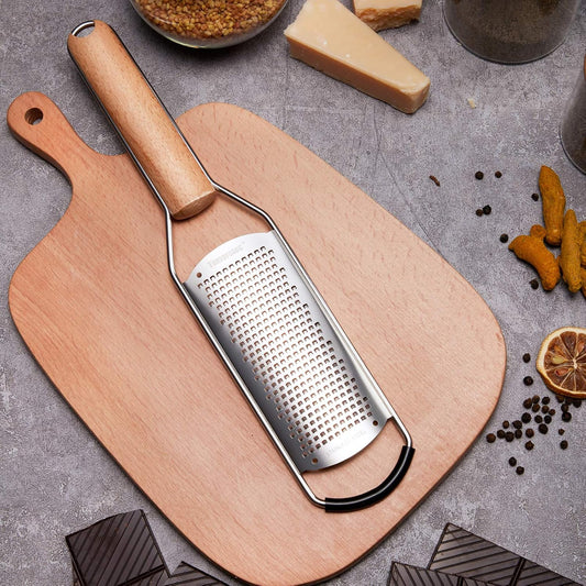 Stainless Steel Cheese Grater w/Wood Handle for Parmesan Cheese | Cheese Grater Zester for Lemon, Ginger, Cheese, Potato, Natural Wood Handle with Non-Slip Rubber Foot, 304 Stainless Steel
