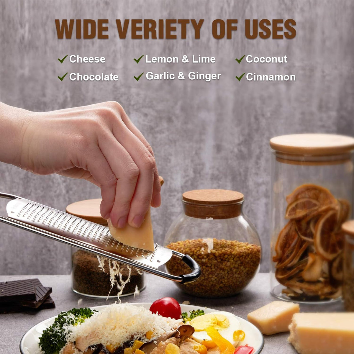 Stainless Steel Cheese Grater w/Wood Handle for Parmesan Cheese | Cheese Grater Zester for Lemon, Ginger, Cheese, Potato, Natural Wood Handle with Non-Slip Rubber Foot, 304 Stainless Steel