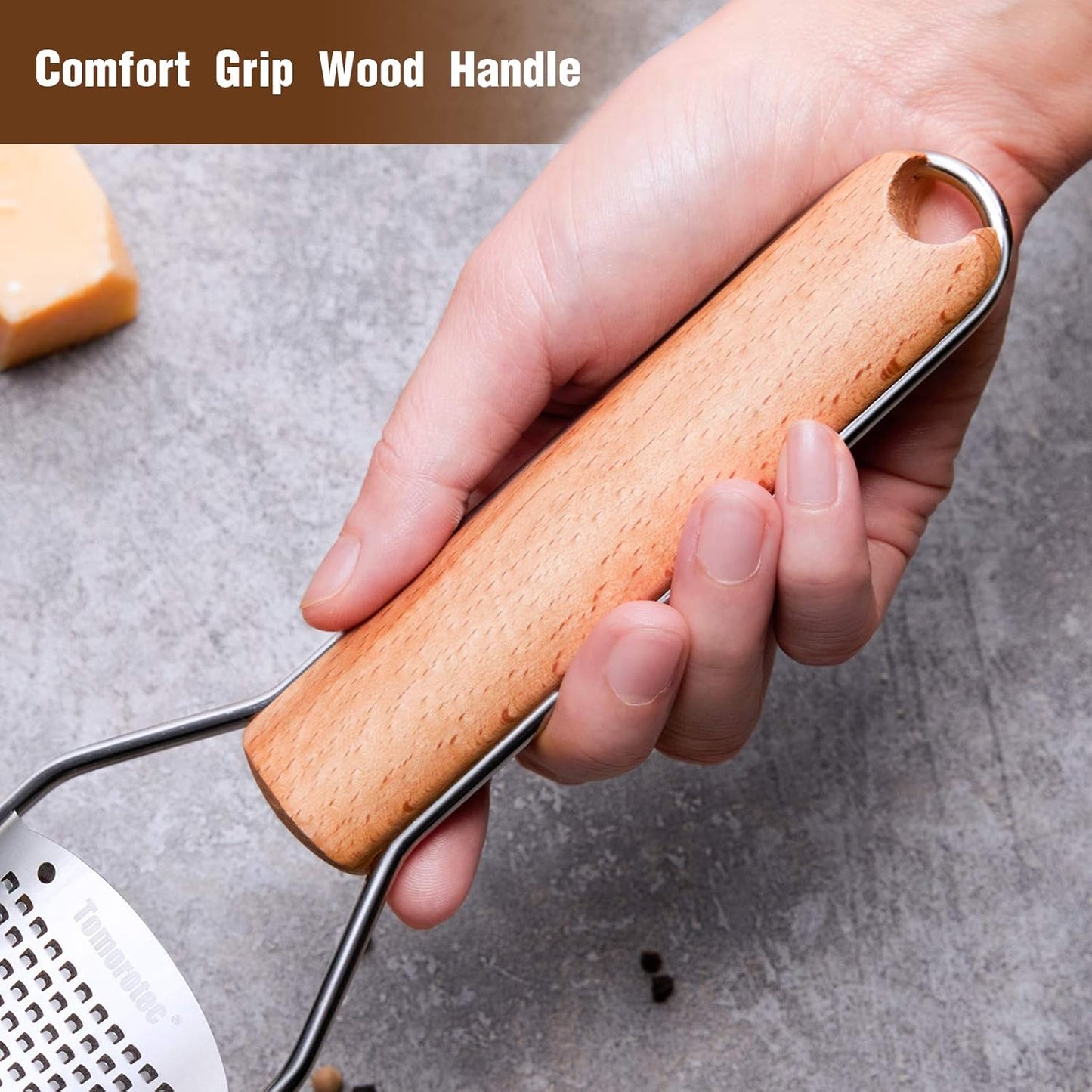 Stainless Steel Cheese Grater w/Wood Handle for Parmesan Cheese | Cheese Grater Zester for Lemon, Ginger, Cheese, Potato, Natural Wood Handle with Non-Slip Rubber Foot, 304 Stainless Steel