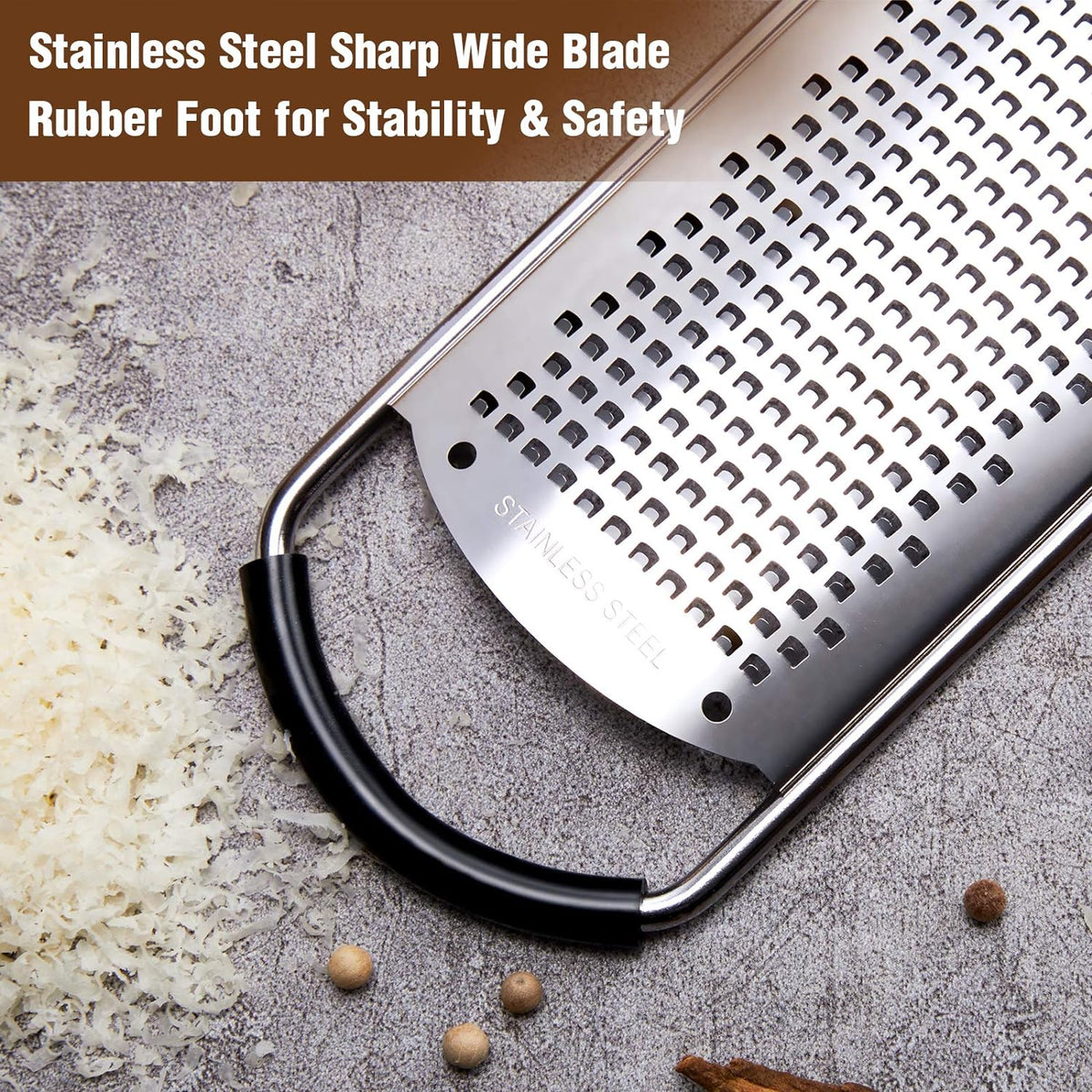 Stainless Steel Cheese Grater w/Wood Handle for Parmesan Cheese | Cheese Grater Zester for Lemon, Ginger, Cheese, Potato, Natural Wood Handle with Non-Slip Rubber Foot, 304 Stainless Steel