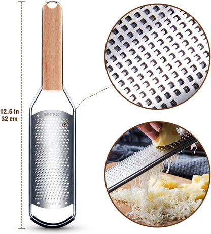 Stainless Steel Cheese Grater w/Wood Handle for Parmesan Cheese | Cheese Grater Zester for Lemon, Ginger, Cheese, Potato, Natural Wood Handle with Non-Slip Rubber Foot, 304 Stainless Steel