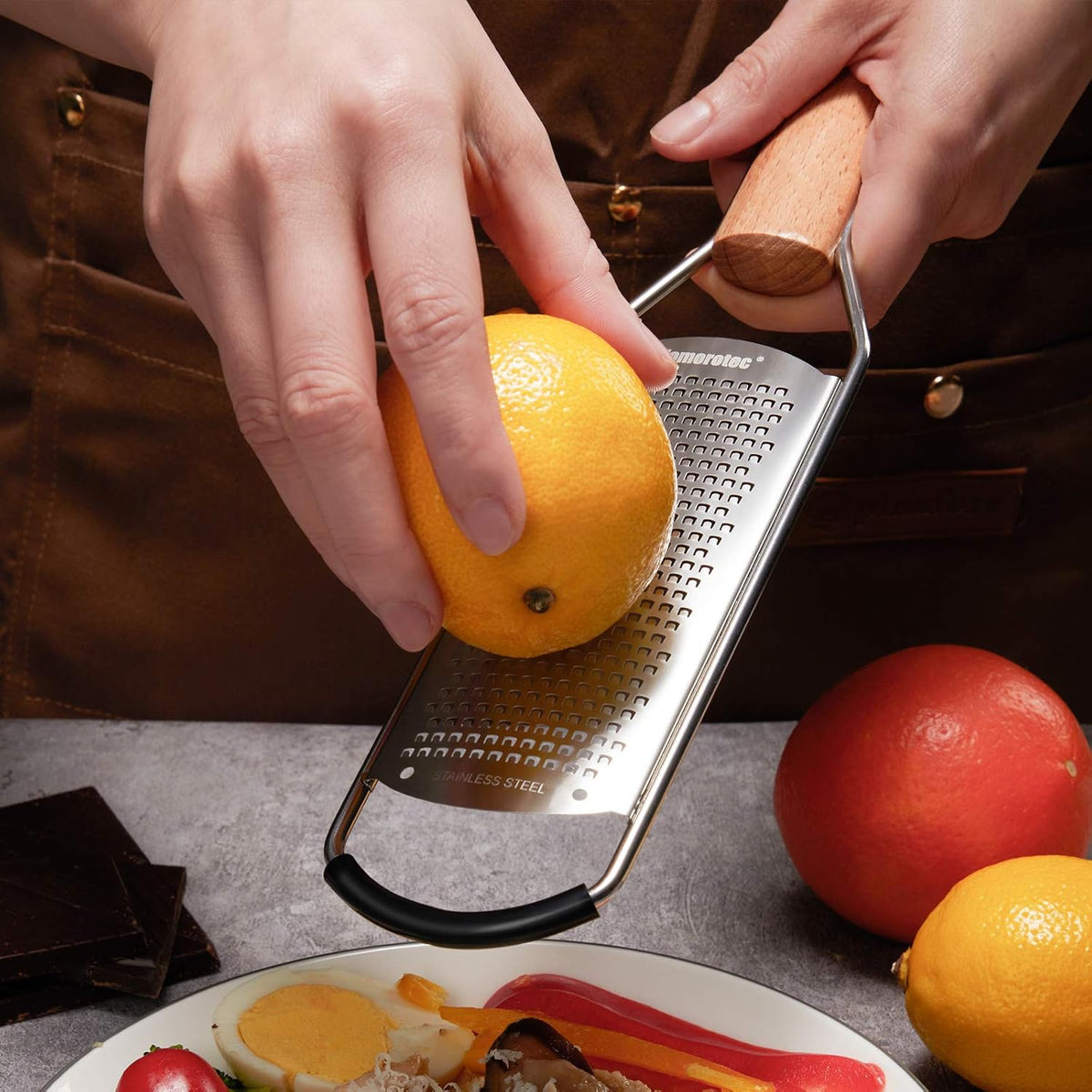 Stainless Steel Cheese Grater w/Wood Handle for Parmesan Cheese | Cheese Grater Zester for Lemon, Ginger, Cheese, Potato, Natural Wood Handle with Non-Slip Rubber Foot, 304 Stainless Steel