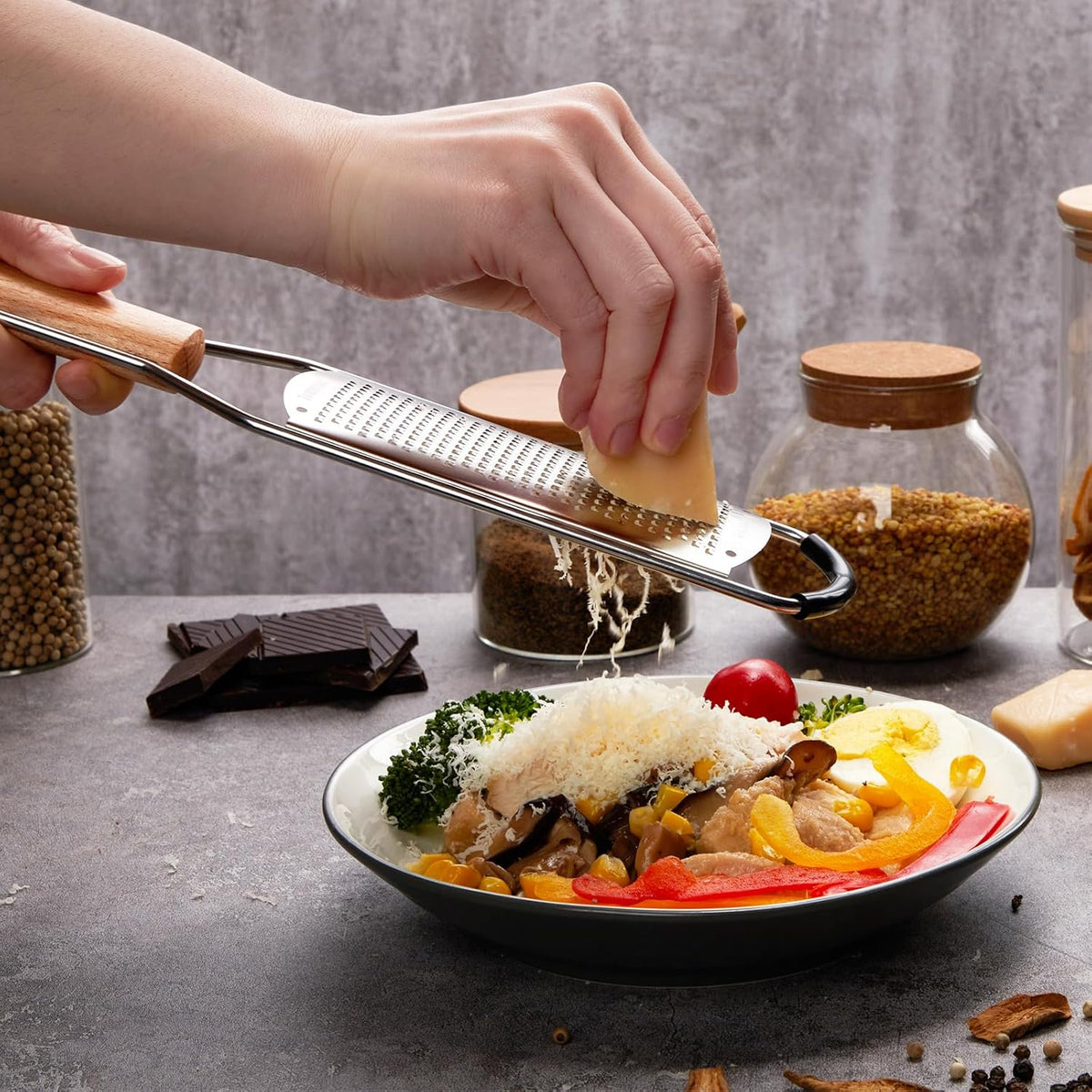 Stainless Steel Cheese Grater w/Wood Handle for Parmesan Cheese | Cheese Grater Zester for Lemon, Ginger, Cheese, Potato, Natural Wood Handle with Non-Slip Rubber Foot, 304 Stainless Steel