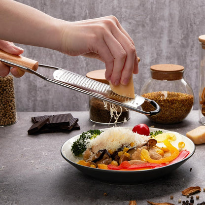 Stainless Steel Cheese Grater w/Wood Handle for Parmesan Cheese | Cheese Grater Zester for Lemon, Ginger, Cheese, Potato, Natural Wood Handle with Non-Slip Rubber Foot, 304 Stainless Steel