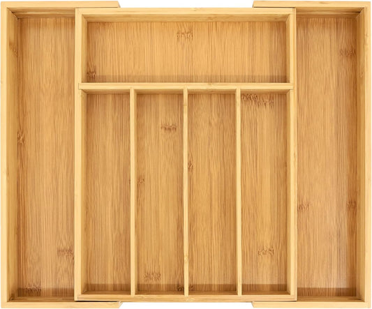 VaeFae Bamboo Kitchen Drawer Organizer, Medium, Natural | Kitchen Utensil Holder, Multi-Function Drawer Storage，38 cm D x 29.2-45.7 cm W, 5-7 Slots, Natural