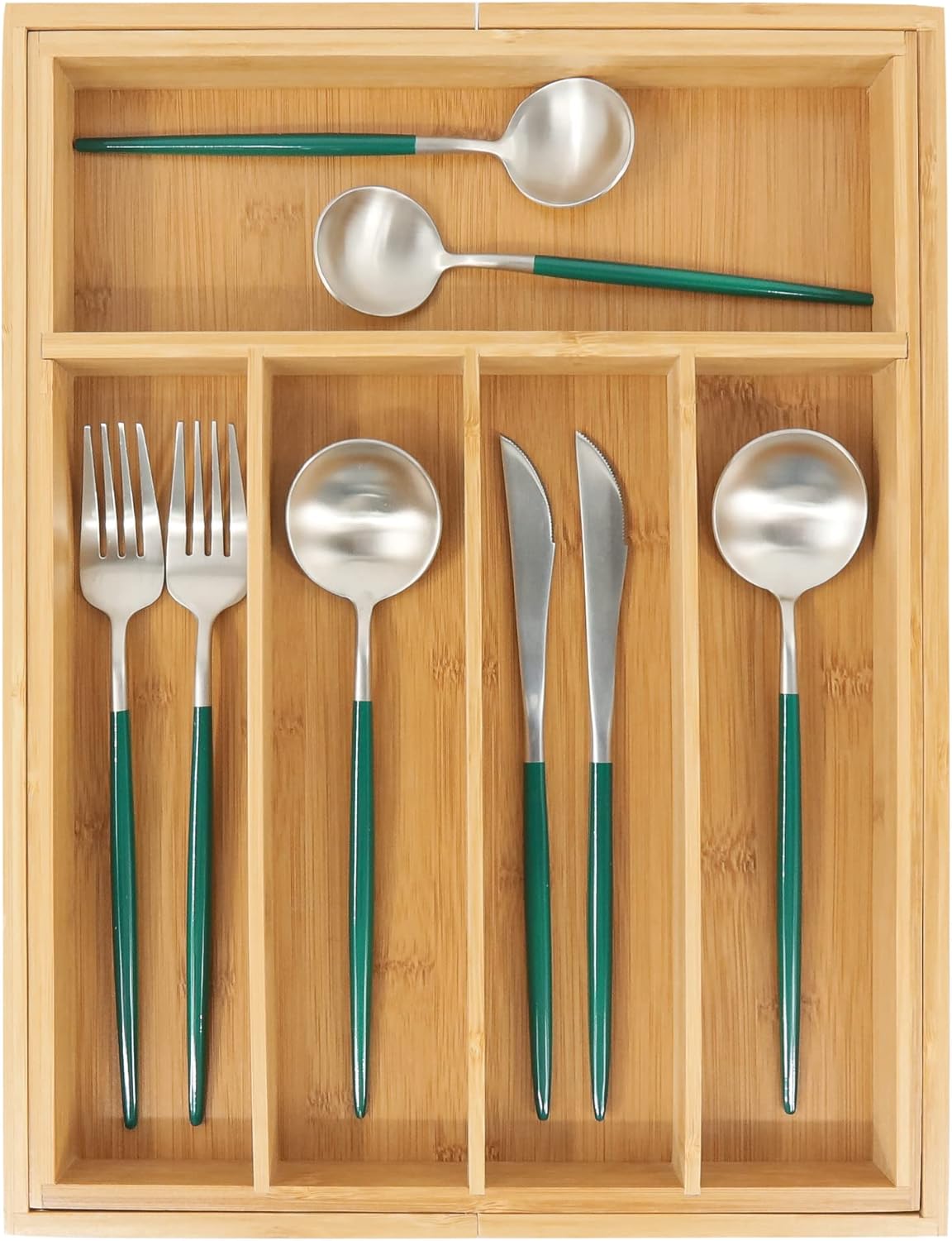 VaeFae Bamboo Kitchen Drawer Organizer, Medium, Natural | Kitchen Utensil Holder, Multi-Function Drawer Storage，38 cm D x 29.2-45.7 cm W, 5-7 Slots, Natural