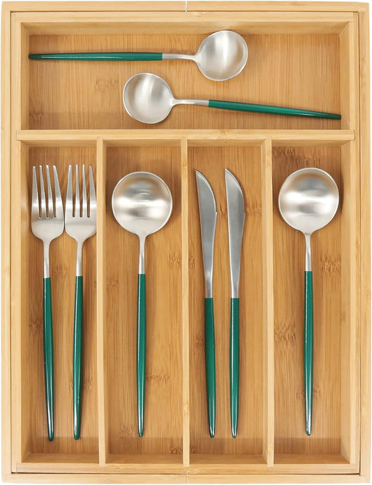 VaeFae Bamboo Kitchen Drawer Organizer, Medium, Natural | Kitchen Utensil Holder, Multi-Function Drawer Storage，38 cm D x 29.2-45.7 cm W, 5-7 Slots, Natural