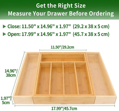 VaeFae Bamboo Kitchen Drawer Organizer, Medium, Natural | Kitchen Utensil Holder, Multi-Function Drawer Storage，38 cm D x 29.2-45.7 cm W, 5-7 Slots, Natural
