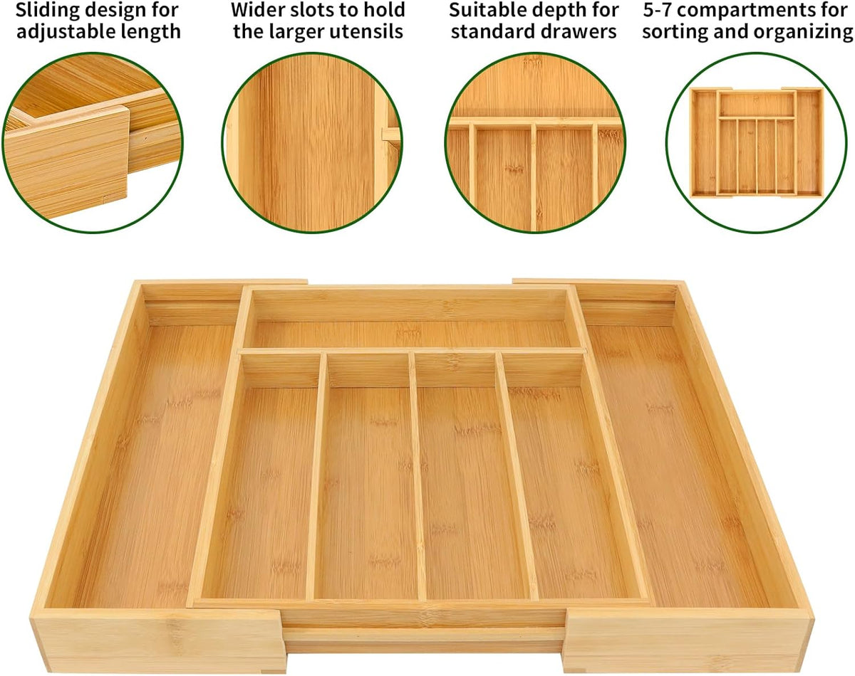 VaeFae Bamboo Kitchen Drawer Organizer, Medium, Natural | Kitchen Utensil Holder, Multi-Function Drawer Storage，38 cm D x 29.2-45.7 cm W, 5-7 Slots, Natural