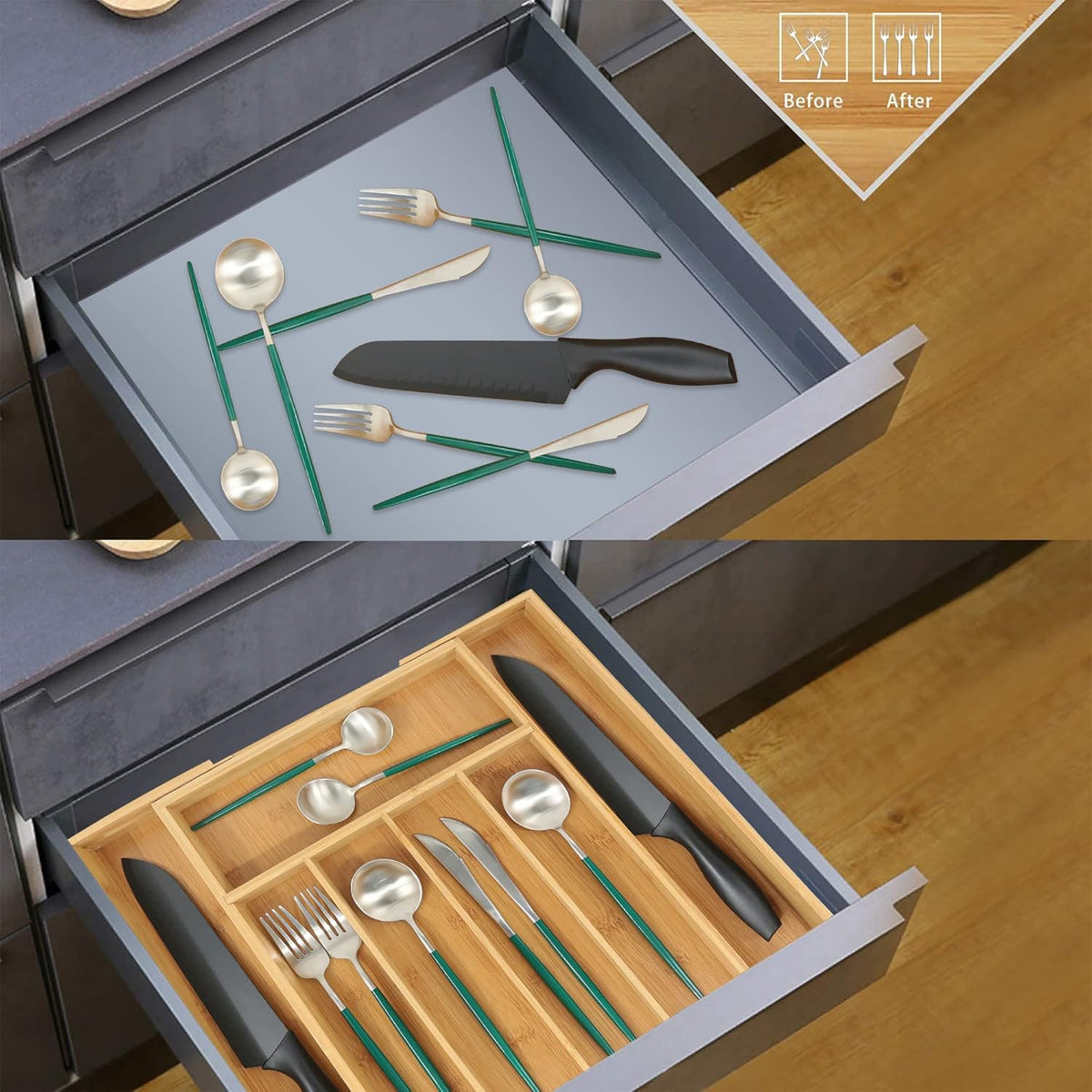 VaeFae Bamboo Kitchen Drawer Organizer, Medium, Natural | Kitchen Utensil Holder, Multi-Function Drawer Storage，38 cm D x 29.2-45.7 cm W, 5-7 Slots, Natural