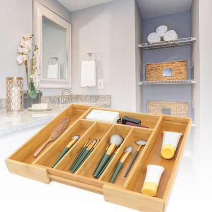 VaeFae Bamboo Kitchen Drawer Organizer, Medium, Natural | Kitchen Utensil Holder, Multi-Function Drawer Storage，38 cm D x 29.2-45.7 cm W, 5-7 Slots, Natural