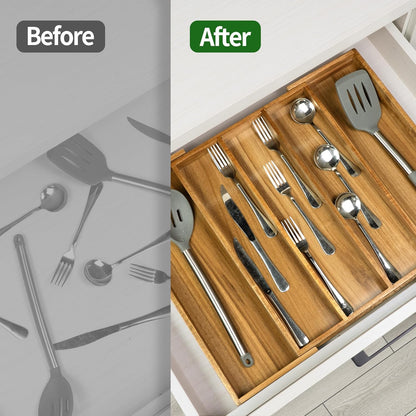 VaeFae Bamboo Kitchen Drawer Organizer, Medium, Natural | Kitchen Utensil Holder, Multi-Function Drawer Storage，38 cm D x 29.2-45.7 cm W, 5-7 Slots, Natural