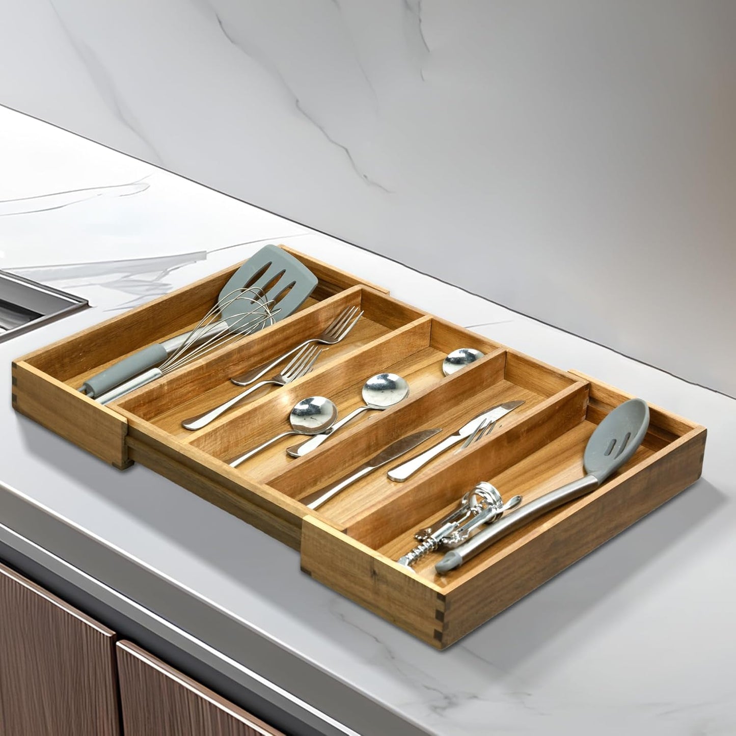VaeFae Bamboo Kitchen Drawer Organizer, Medium, Natural | Kitchen Utensil Holder, Multi-Function Drawer Storage，38 cm D x 29.2-45.7 cm W, 5-7 Slots, Natural