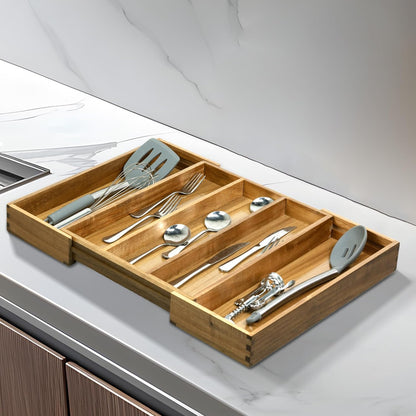 VaeFae Bamboo Kitchen Drawer Organizer, Medium, Natural | Kitchen Utensil Holder, Multi-Function Drawer Storage，38 cm D x 29.2-45.7 cm W, 5-7 Slots, Natural