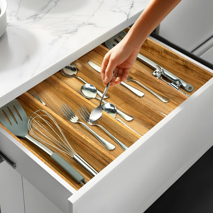VaeFae Bamboo Kitchen Drawer Organizer, Medium, Natural | Kitchen Utensil Holder, Multi-Function Drawer Storage，38 cm D x 29.2-45.7 cm W, 5-7 Slots, Natural