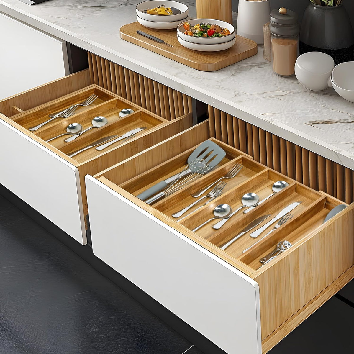 VaeFae Bamboo Kitchen Drawer Organizer, Medium, Natural | Kitchen Utensil Holder, Multi-Function Drawer Storage，38 cm D x 29.2-45.7 cm W, 5-7 Slots, Natural
