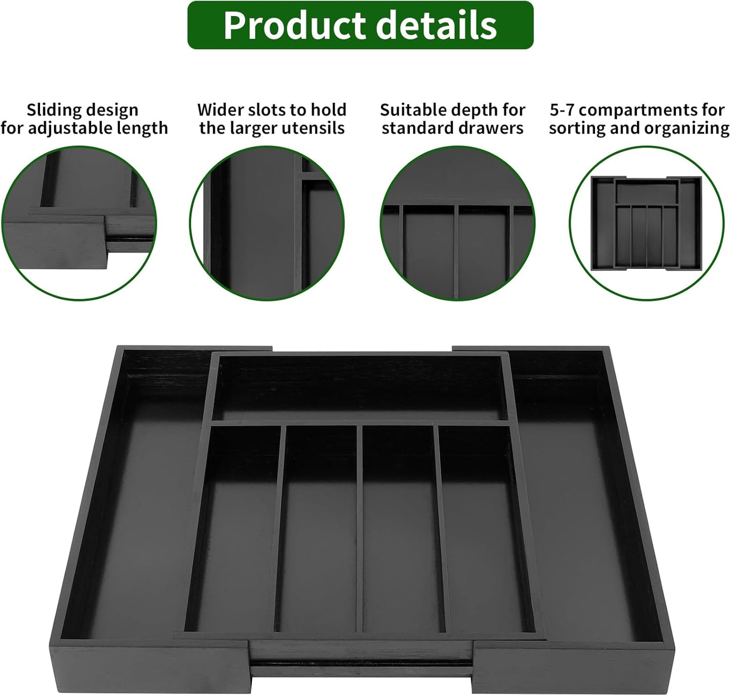 VaeFae Bamboo Kitchen Drawer Organizer, Medium, Natural | Kitchen Utensil Holder, Multi-Function Drawer Storage，38 cm D x 29.2-45.7 cm W, 5-7 Slots, Natural