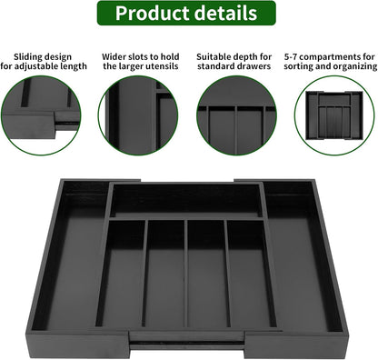 VaeFae Bamboo Kitchen Drawer Organizer, Medium, Natural | Kitchen Utensil Holder, Multi-Function Drawer Storage，38 cm D x 29.2-45.7 cm W, 5-7 Slots, Natural