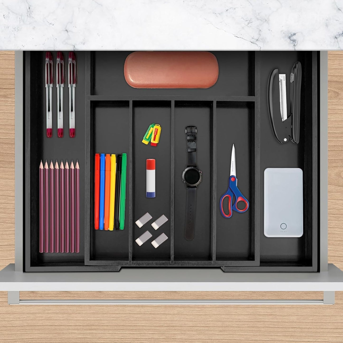 VaeFae Bamboo Kitchen Drawer Organizer, Medium, Natural | Kitchen Utensil Holder, Multi-Function Drawer Storage，38 cm D x 29.2-45.7 cm W, 5-7 Slots, Natural