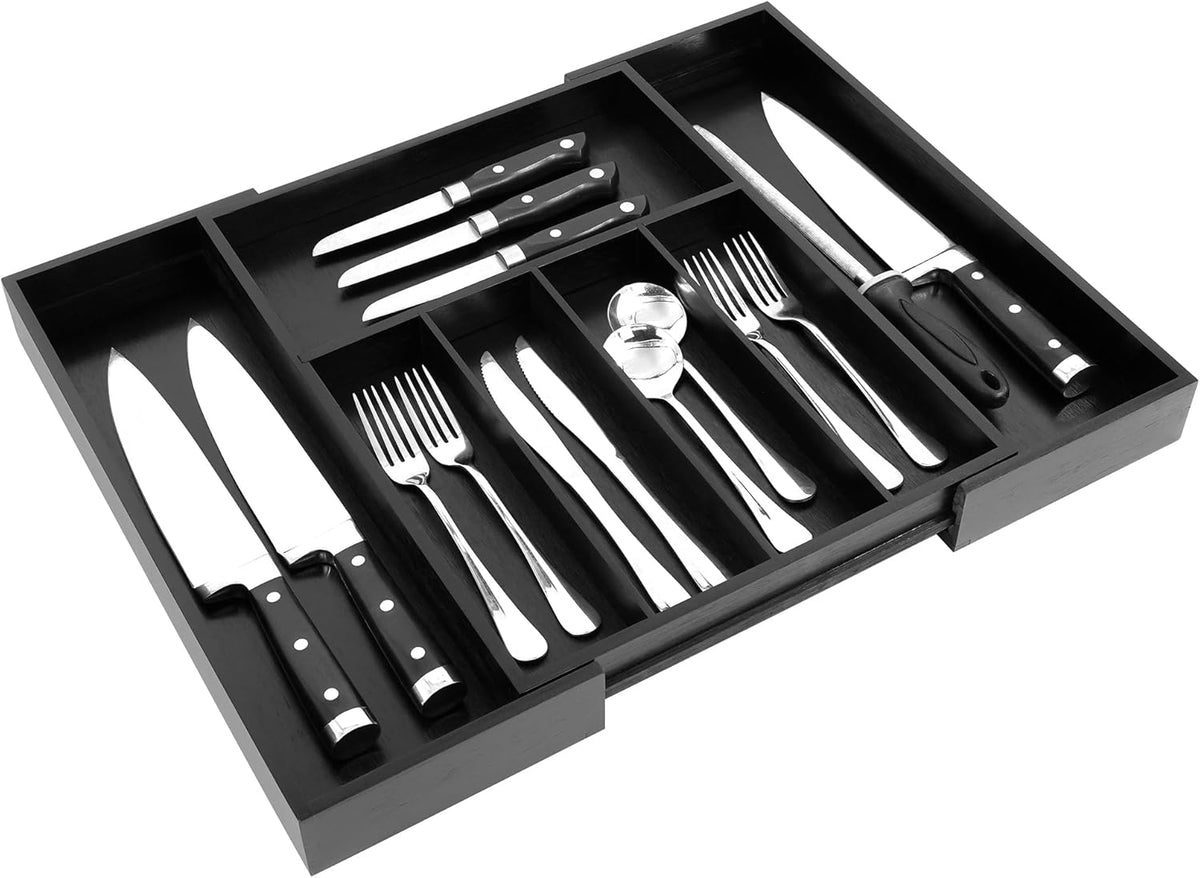 VaeFae Bamboo Kitchen Drawer Organizer, Medium, Natural | Kitchen Utensil Holder, Multi-Function Drawer Storage，38 cm D x 29.2-45.7 cm W, 5-7 Slots, Natural