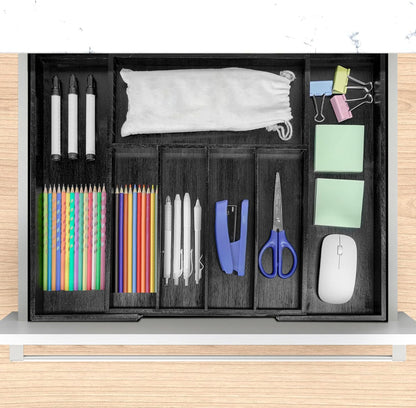 VaeFae Bamboo Kitchen Drawer Organizer, Medium, Natural | Kitchen Utensil Holder, Multi-Function Drawer Storage，38 cm D x 29.2-45.7 cm W, 5-7 Slots, Natural