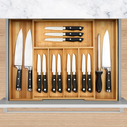 VaeFae Bamboo Kitchen Drawer Organizer, Medium, Natural | Kitchen Utensil Holder, Multi-Function Drawer Storage，38 cm D x 29.2-45.7 cm W, 5-7 Slots, Natural