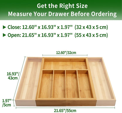 VaeFae Bamboo Kitchen Drawer Organizer, Medium, Natural | Kitchen Utensil Holder, Multi-Function Drawer Storage，38 cm D x 29.2-45.7 cm W, 5-7 Slots, Natural