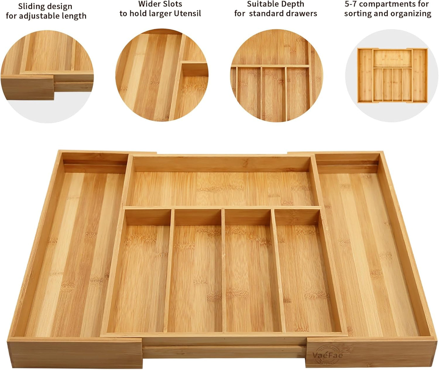 VaeFae Bamboo Kitchen Drawer Organizer, Medium, Natural | Kitchen Utensil Holder, Multi-Function Drawer Storage，38 cm D x 29.2-45.7 cm W, 5-7 Slots, Natural