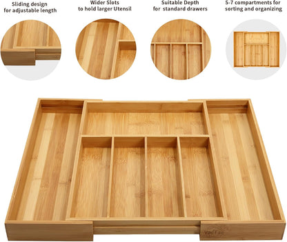 VaeFae Bamboo Kitchen Drawer Organizer, Medium, Natural | Kitchen Utensil Holder, Multi-Function Drawer Storage，38 cm D x 29.2-45.7 cm W, 5-7 Slots, Natural