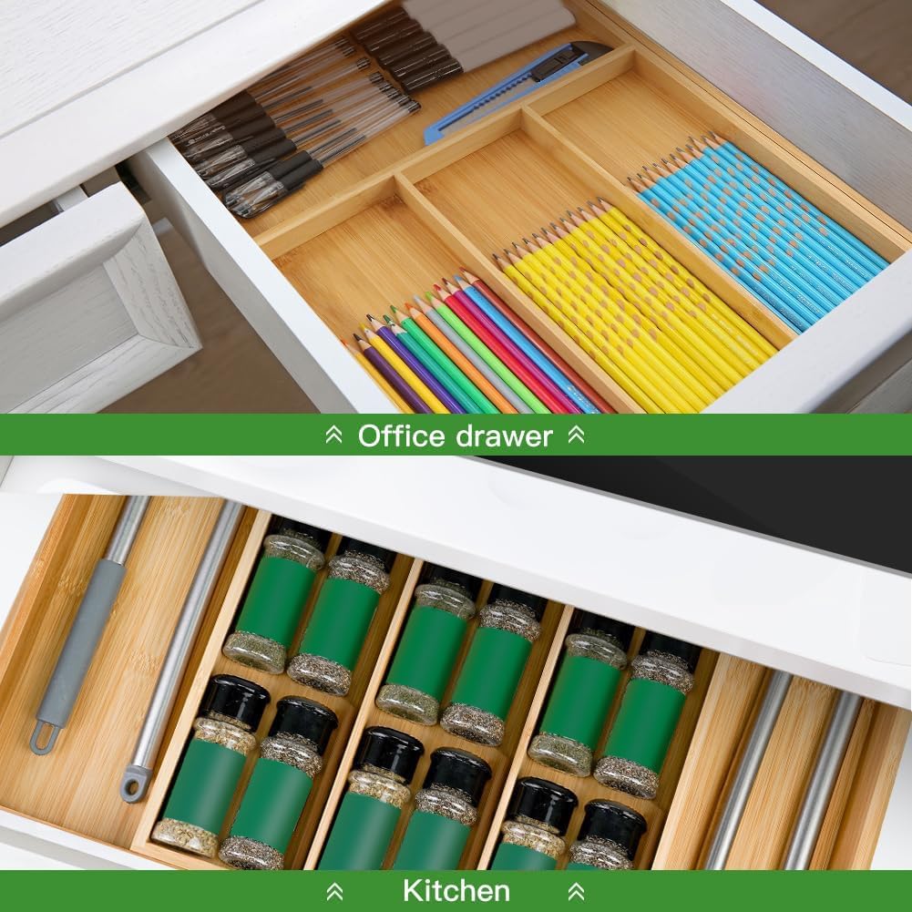 VaeFae Bamboo Kitchen Drawer Organizer, Medium, Natural | Kitchen Utensil Holder, Multi-Function Drawer Storage，38 cm D x 29.2-45.7 cm W, 5-7 Slots, Natural