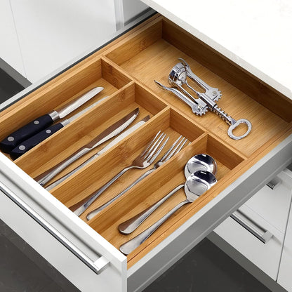 VaeFae Bamboo Kitchen Drawer Organizer, Medium, Natural | Kitchen Utensil Holder, Multi-Function Drawer Storage，38 cm D x 29.2-45.7 cm W, 5-7 Slots, Natural