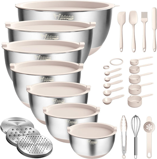 Mixing Bowls with Airtight Lids, Stainless Steel Nesting Bowls Set | Metal Bowls with 3 Grater Attachments, Non-Slip Bottom, Size 5, 4, 3, 2, 1.5, 1, 0.63QT, Include Utensil Set for Prep, Khaki