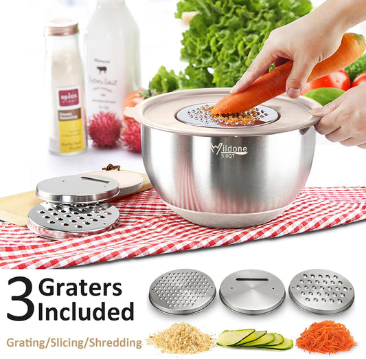 Mixing Bowls with Airtight Lids, Stainless Steel Nesting Bowls Set | Metal Bowls with 3 Grater Attachments, Non-Slip Bottom, Size 5, 4, 3, 2, 1.5, 1, 0.63QT, Include Utensil Set for Prep, Khaki