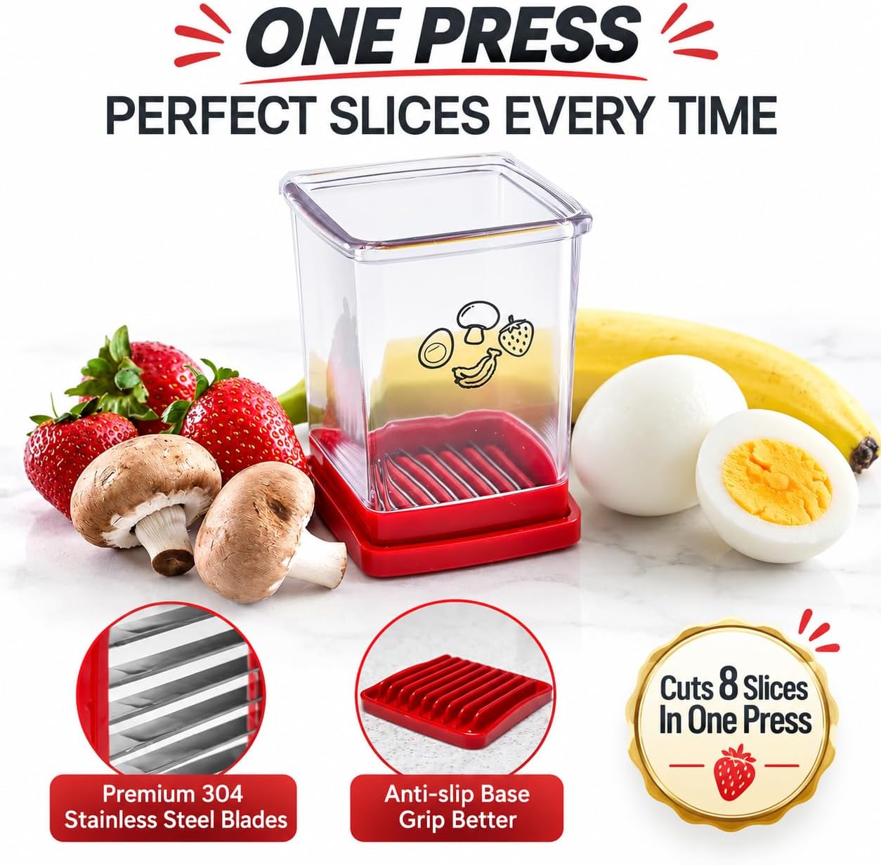 Fruit Cutter and Chopper – Cup Slicer for Strawberry, Grape, Banana, Mushroom, Kitchen Gadget for Fruits and Vegetables, Compact Slicing Tool (2 Packs)