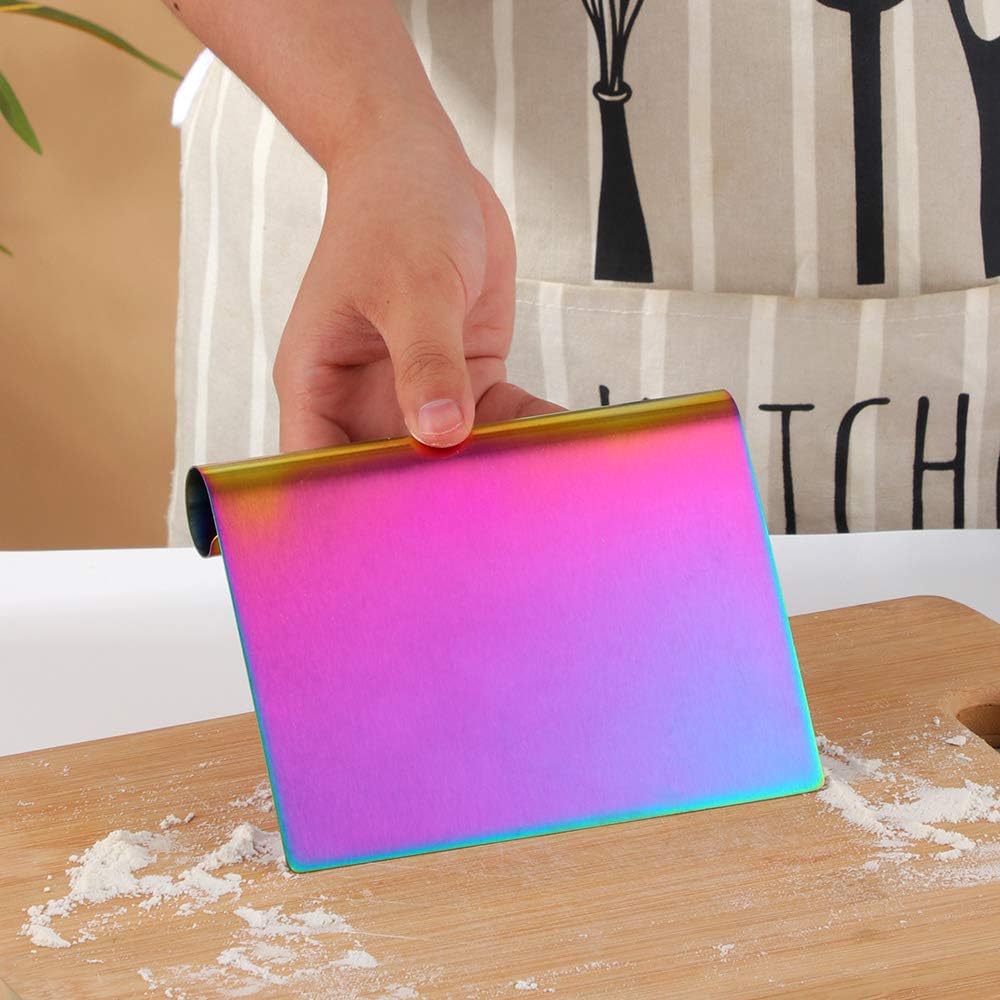 Dough Pastry Cutter Bench Scraper & Chopper Stainless Steel Mirror Polished with Measuring Scale Multipurpose Cake Pizza Cutter Pastry Bread Separator Scale Knife Rainbow