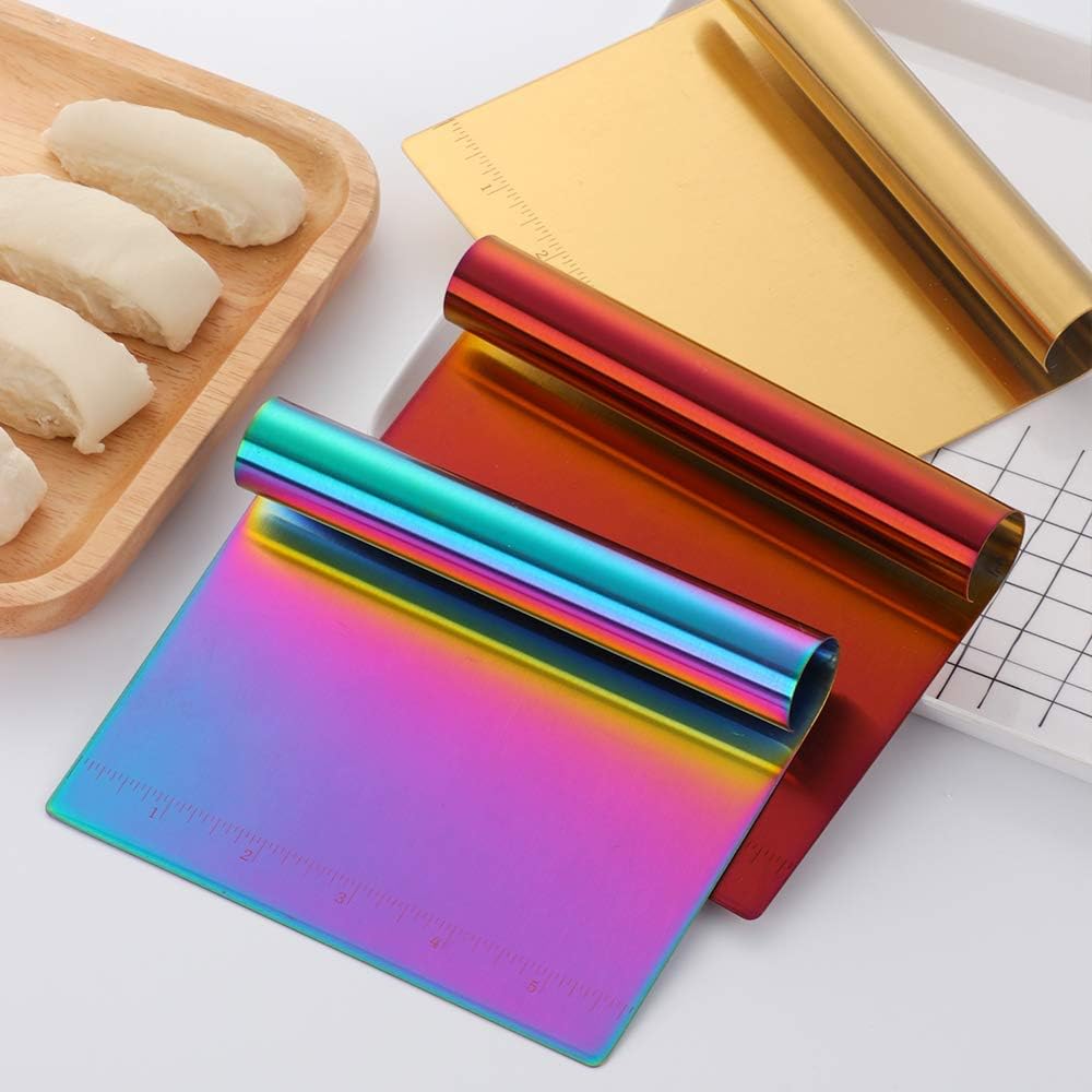 Dough Pastry Cutter Bench Scraper & Chopper Stainless Steel Mirror Polished with Measuring Scale Multipurpose Cake Pizza Cutter Pastry Bread Separator Scale Knife Rainbow