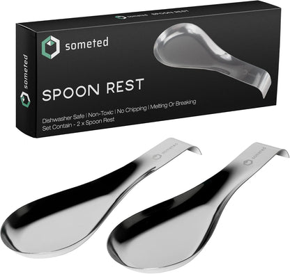 Stainless Steel Spoon Rest-Spatula Ladle Holder Set of 2 Stainless Steel Utensil Spoon Rest Holder Brushed Finish Dishwasher Safe Serving Cooking Modern Stylish Silver
