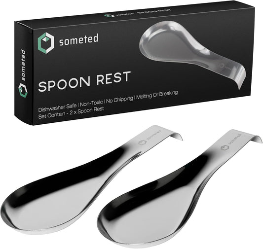 Stainless Steel Spoon Rest-Spatula Ladle Holder Set of 2 Stainless Steel Utensil Spoon Rest Holder Brushed Finish Dishwasher Safe Serving Cooking Modern Stylish Silver