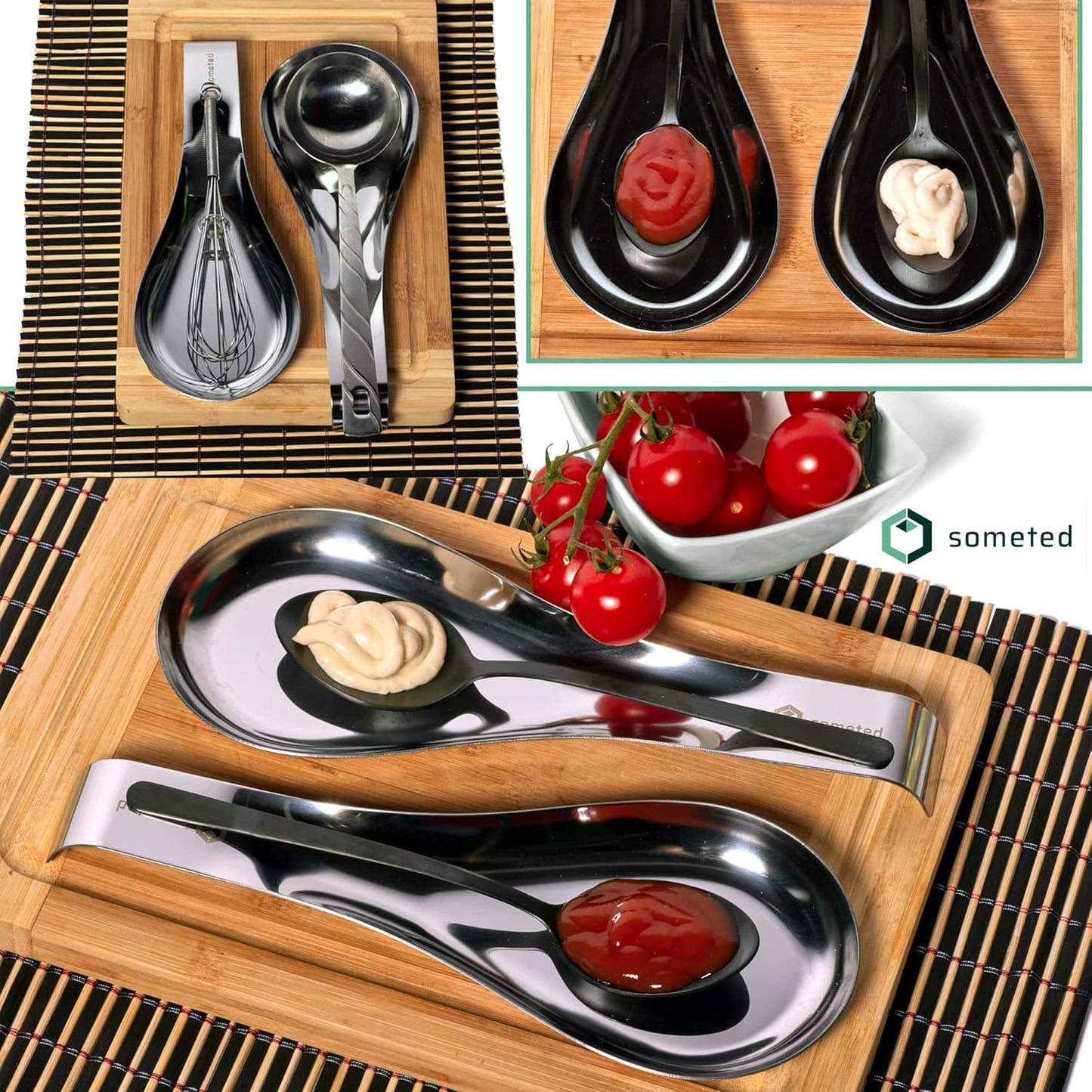 Stainless Steel Spoon Rest-Spatula Ladle Holder Set of 2 Stainless Steel Utensil Spoon Rest Holder Brushed Finish Dishwasher Safe Serving Cooking Modern Stylish Silver