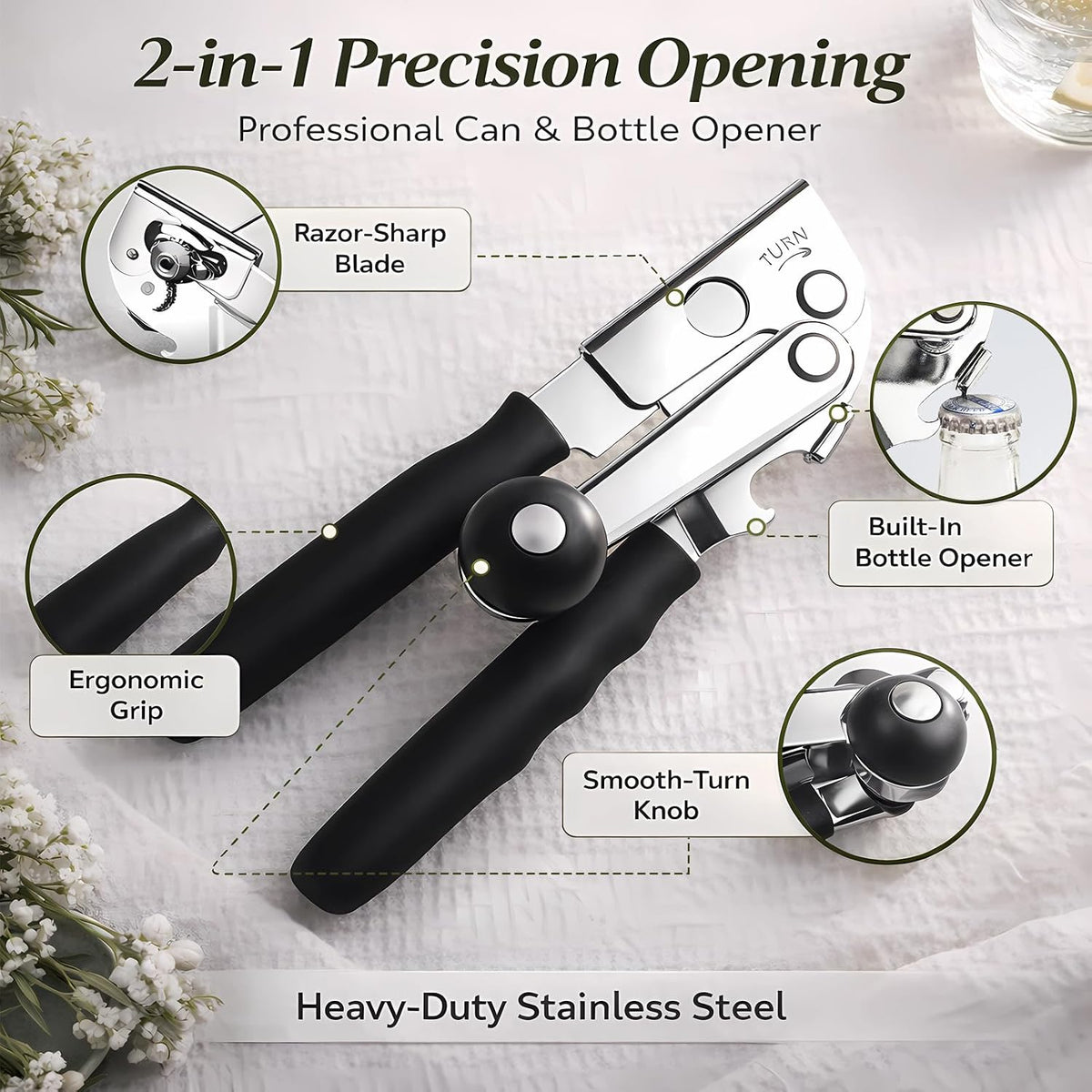 Heavy Duty Manual Can Opener for Seniors & Adults with Magnetic Lid Lifter - Easy Open Smooth Edge Safe Cut, Stainless Steel for Large Cans, Kitchen & Camping & Commercial with Bottle Opener