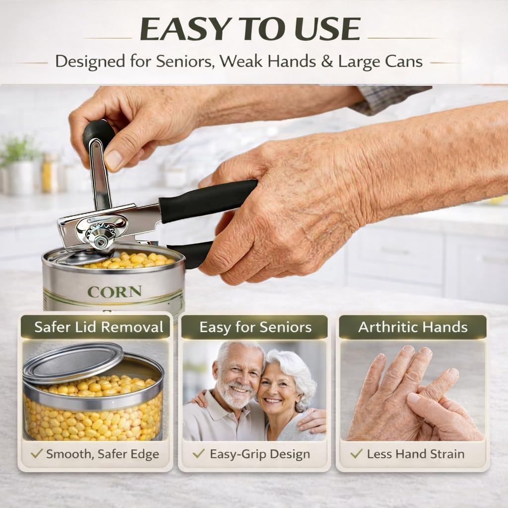 Heavy Duty Manual Can Opener for Seniors & Adults with Magnetic Lid Lifter - Easy Open Smooth Edge Safe Cut, Stainless Steel for Large Cans, Kitchen & Camping & Commercial with Bottle Opener