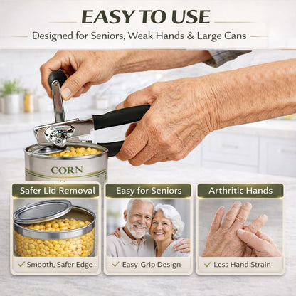 Heavy Duty Manual Can Opener for Seniors & Adults with Magnetic Lid Lifter - Easy Open Smooth Edge Safe Cut, Stainless Steel for Large Cans, Kitchen & Camping & Commercial with Bottle Opener