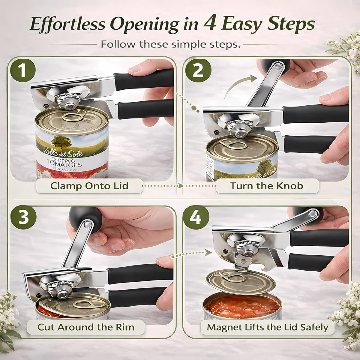 Heavy Duty Manual Can Opener for Seniors & Adults with Magnetic Lid Lifter - Easy Open Smooth Edge Safe Cut, Stainless Steel for Large Cans, Kitchen & Camping & Commercial with Bottle Opener