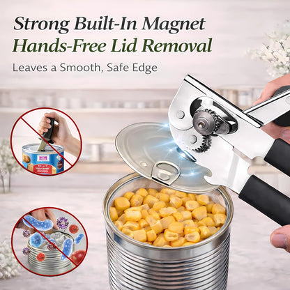 Heavy Duty Manual Can Opener for Seniors & Adults with Magnetic Lid Lifter - Easy Open Smooth Edge Safe Cut, Stainless Steel for Large Cans, Kitchen & Camping & Commercial with Bottle Opener