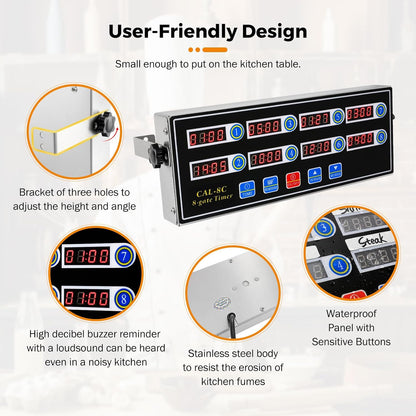 8-Channel Digital Kitchen Timer, Commercial Timer for Restaurant