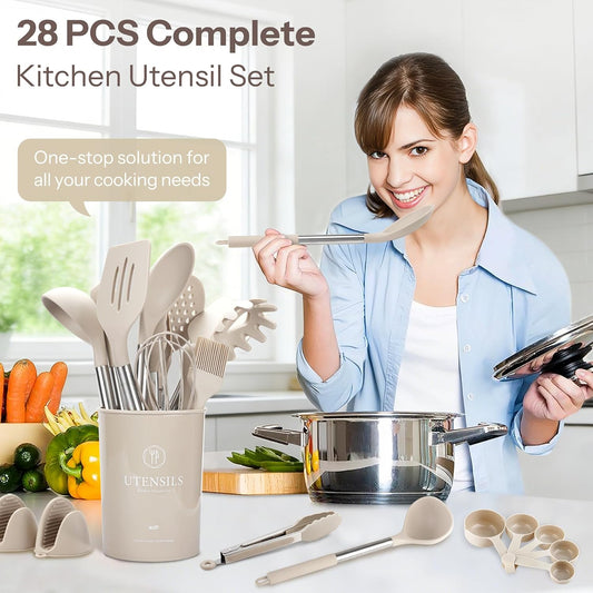 Silicone Cooking Utensils Set, 28 Pcs Kitchen Utensils Set 446°F Heat Resistant Spatula Set, Food Grade Silicone and Stainless Steel Handle Kitchen Gadgets for Nonstick Cookware BPA Free