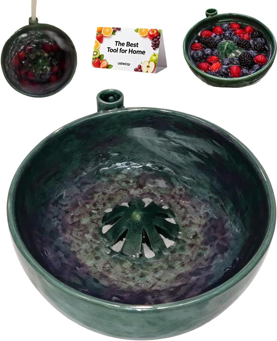 Self Spinning Berry Washing Bowl Ceramic, Automatic Berry Wash Bowl, Fruit and Vegetable Washer with Drain, Fruit Washer Spinner Bowl Quickly Wash, Multipurpose Basket for Kitchen