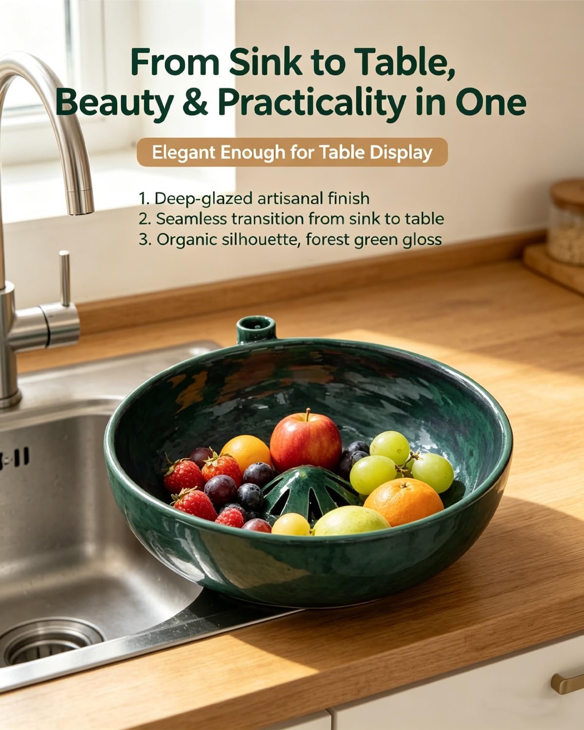 Self Spinning Berry Washing Bowl Ceramic, Automatic Berry Wash Bowl, Fruit and Vegetable Washer with Drain, Fruit Washer Spinner Bowl Quickly Wash, Multipurpose Basket for Kitchen