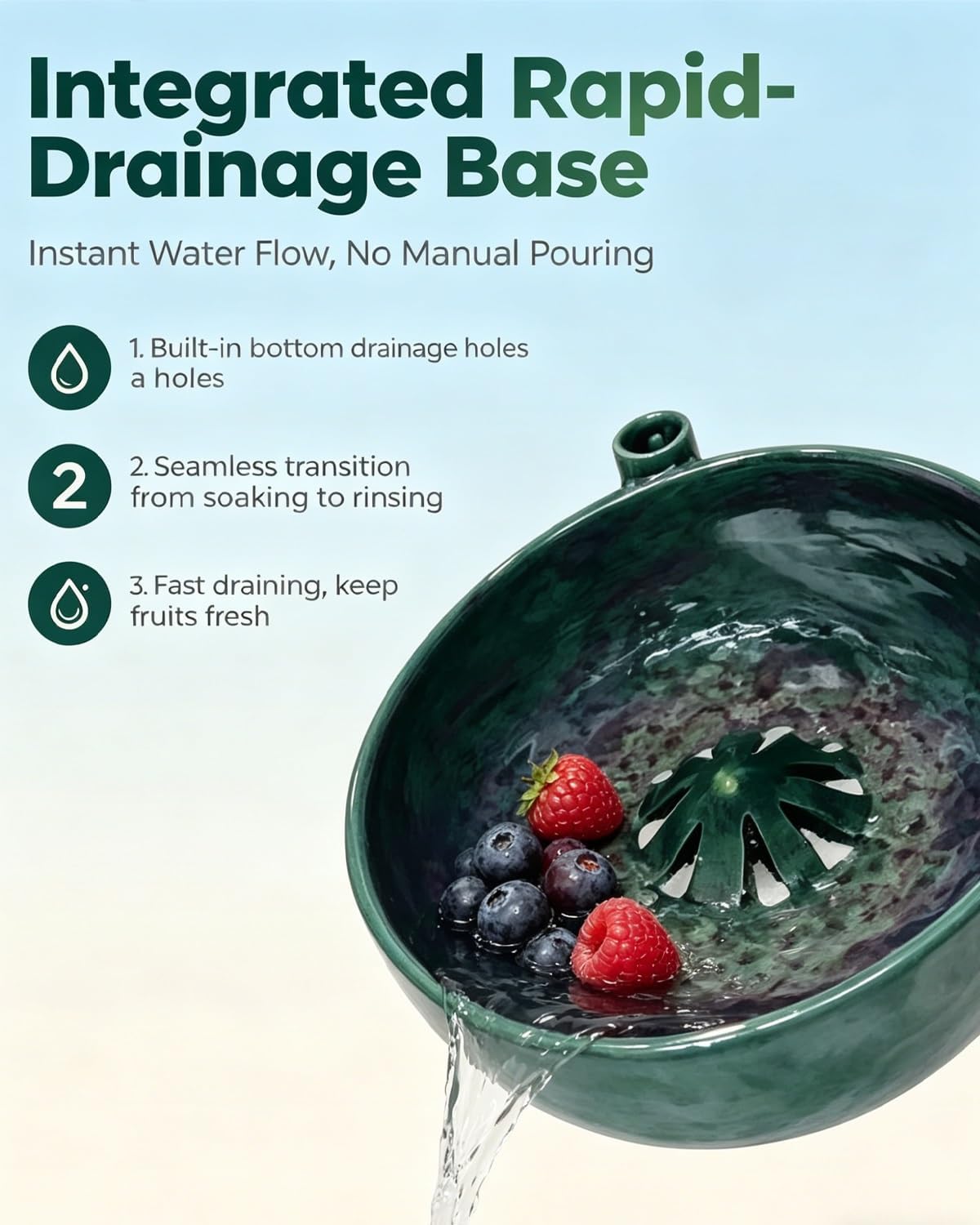 Self Spinning Berry Washing Bowl Ceramic, Automatic Berry Wash Bowl, Fruit and Vegetable Washer with Drain, Fruit Washer Spinner Bowl Quickly Wash, Multipurpose Basket for Kitchen